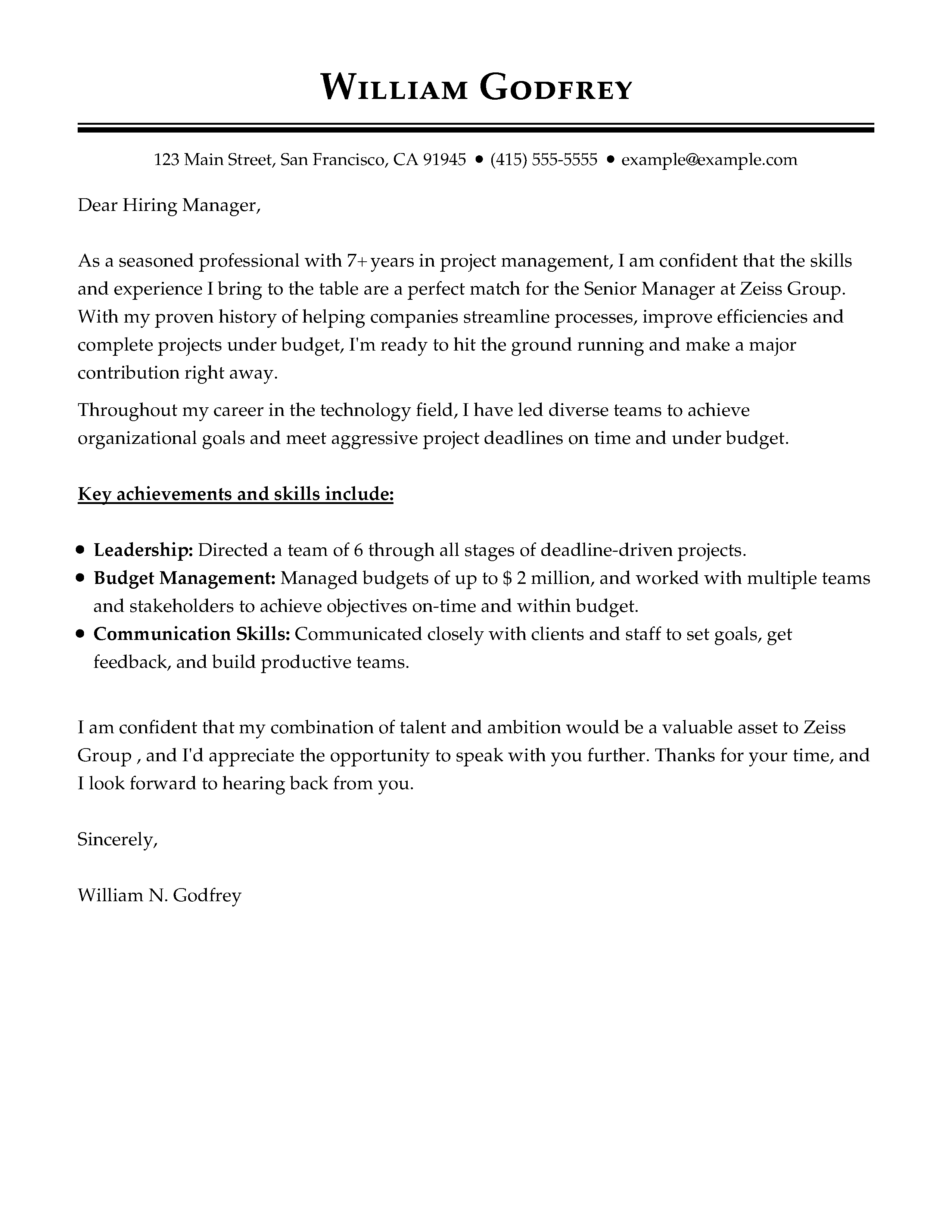 cover letter for job application senior manager